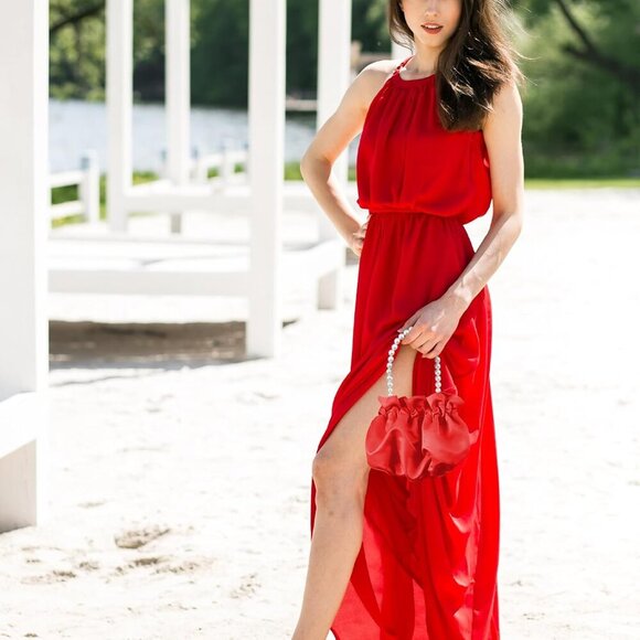 Small Wristlet Purses Mini Bucket Bag Women Hobo Bag with Faux Pearl Chain Red - Picture 2 of 7